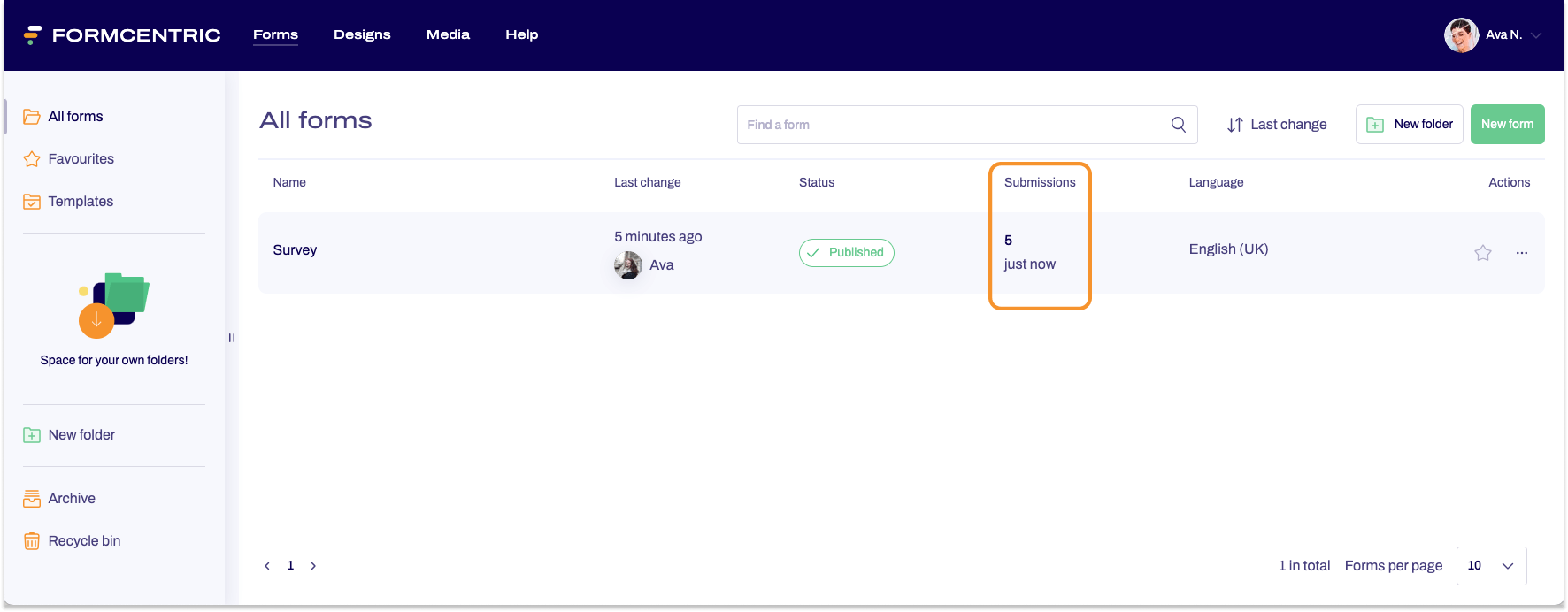 The Forms section is visible. There is one form with 5 entries.