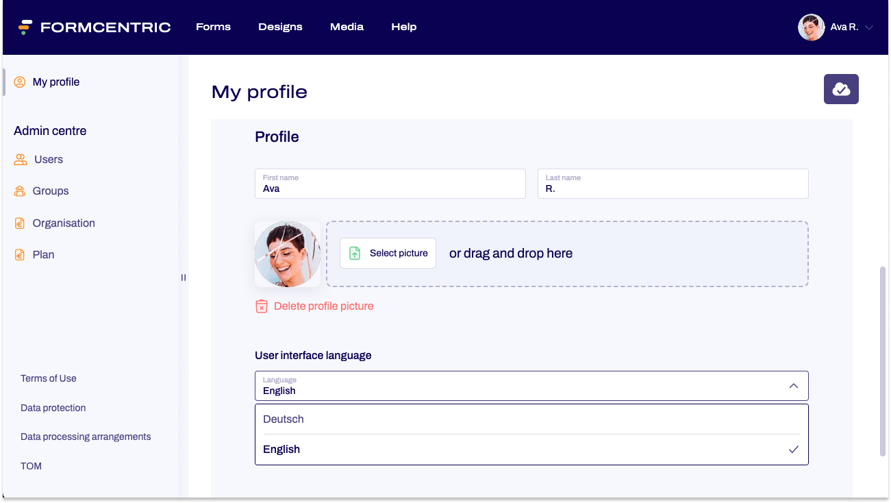 The My profile area is visible. The drop-down list with the language selection is expanded.