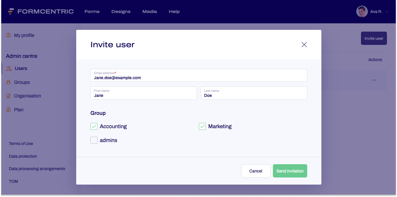 The Invite user dialog box is shown.