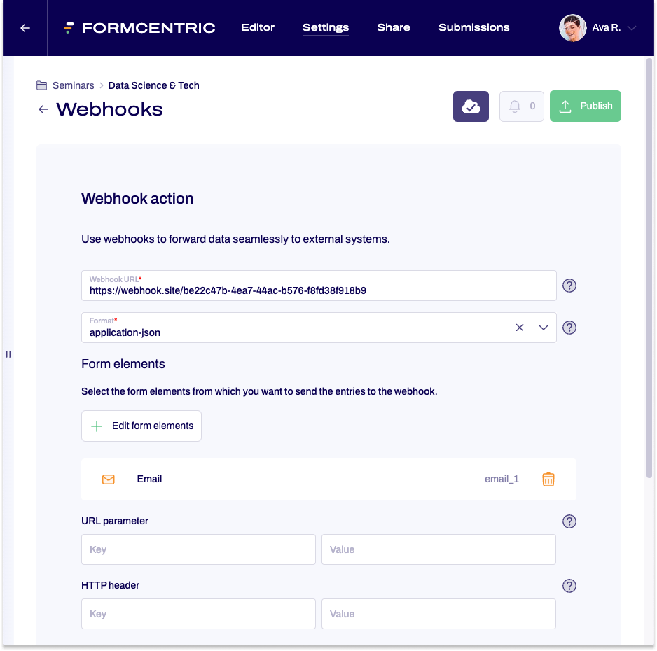 One image shows the editing area for linking a webhook. An input field can be seen in which the webhook URL can be entered. The next step is to select the format in which the data is to be transferred. You can then select the form elements whose entries are to be sent. Below this are input fields for key-value pairs that can be used for URL parameters and HTTP headers.
