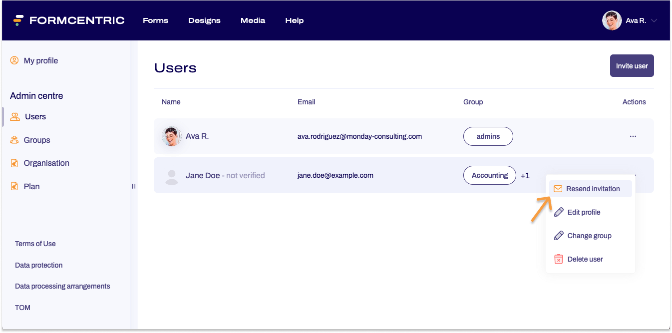 The Users area is shown. The available actions in the context menu link are visible. An arrow points to Resend invitation.