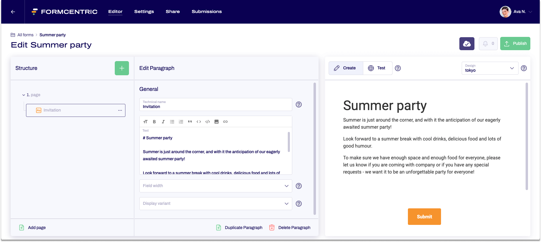 The editor is shown with a Pragraph form element.