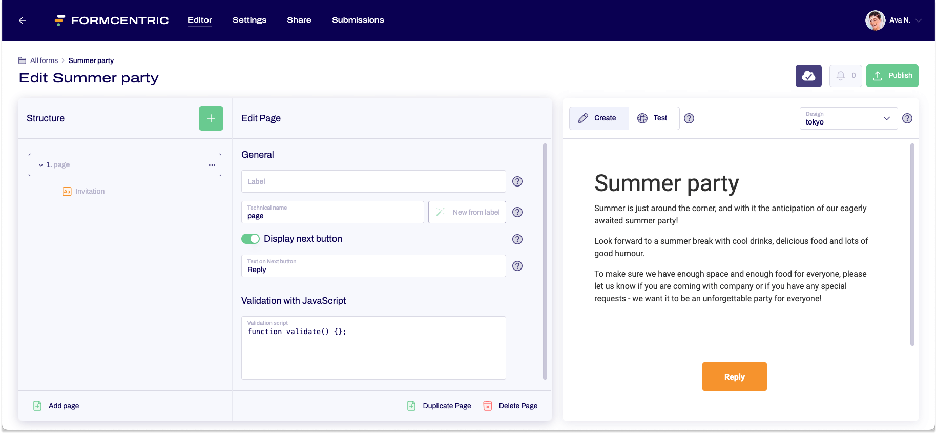 The editor can be seen. The page properties are being edited.