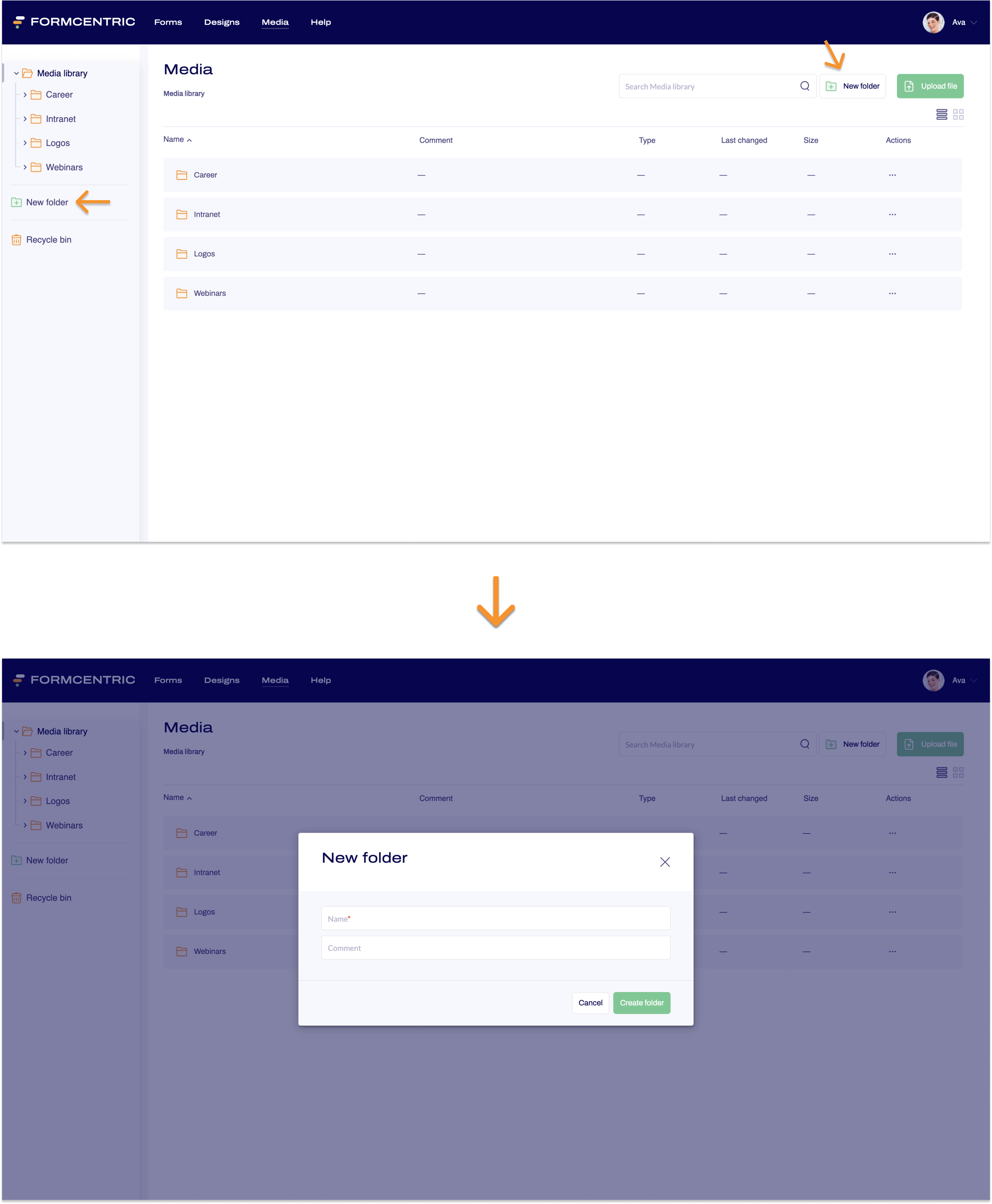 Two screenshots of the Media section. In the first, arrows point to New Folder in two different places. The next screenshot shows the New Folder dialogue box.