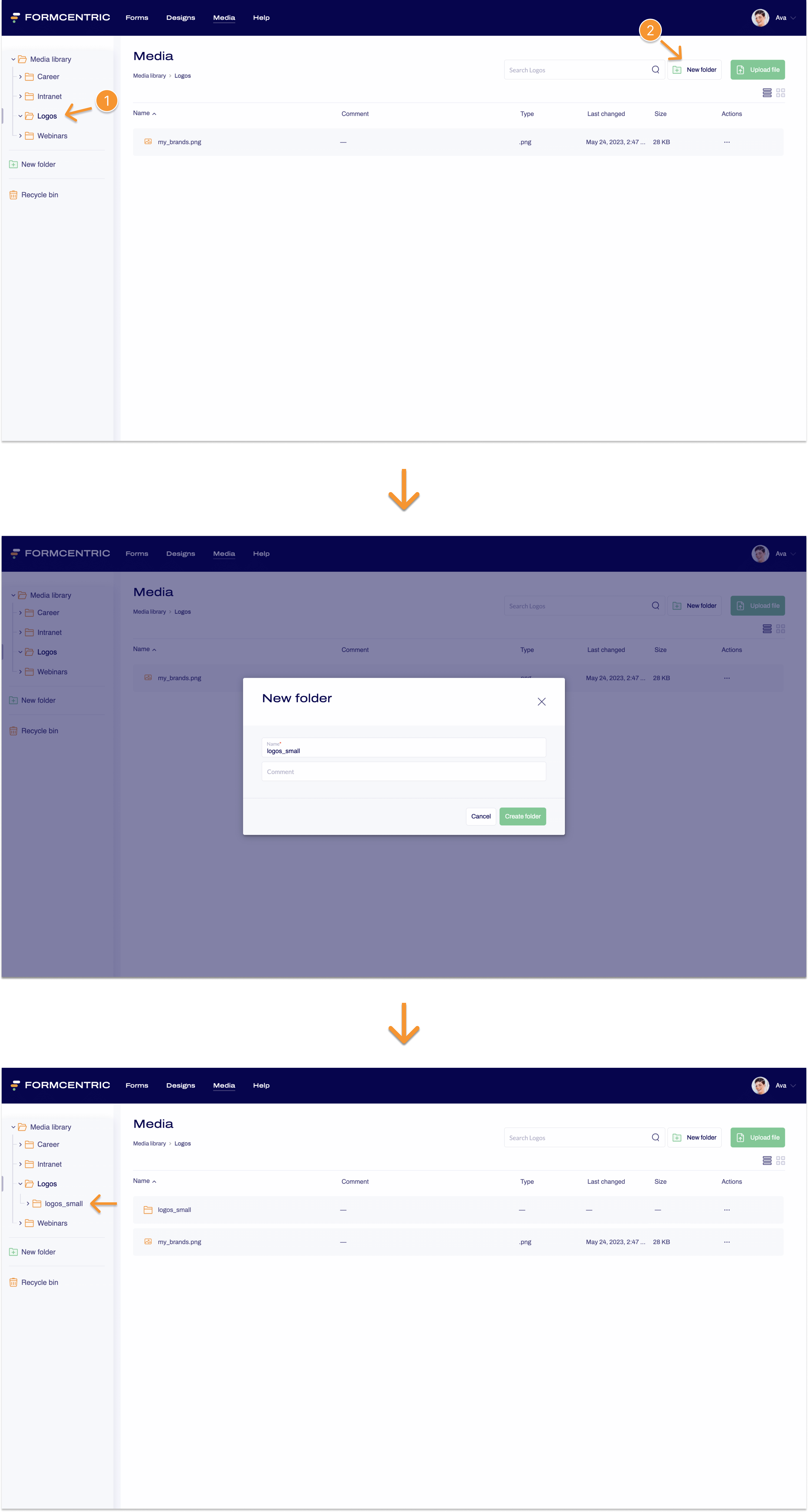 Three screenshots of the Media section. The first shows an arrow pointing to a folder in the left menu bar. The next one shows the New Folder dialogue box. On the last one, an arrow points to the newly created subfolder.