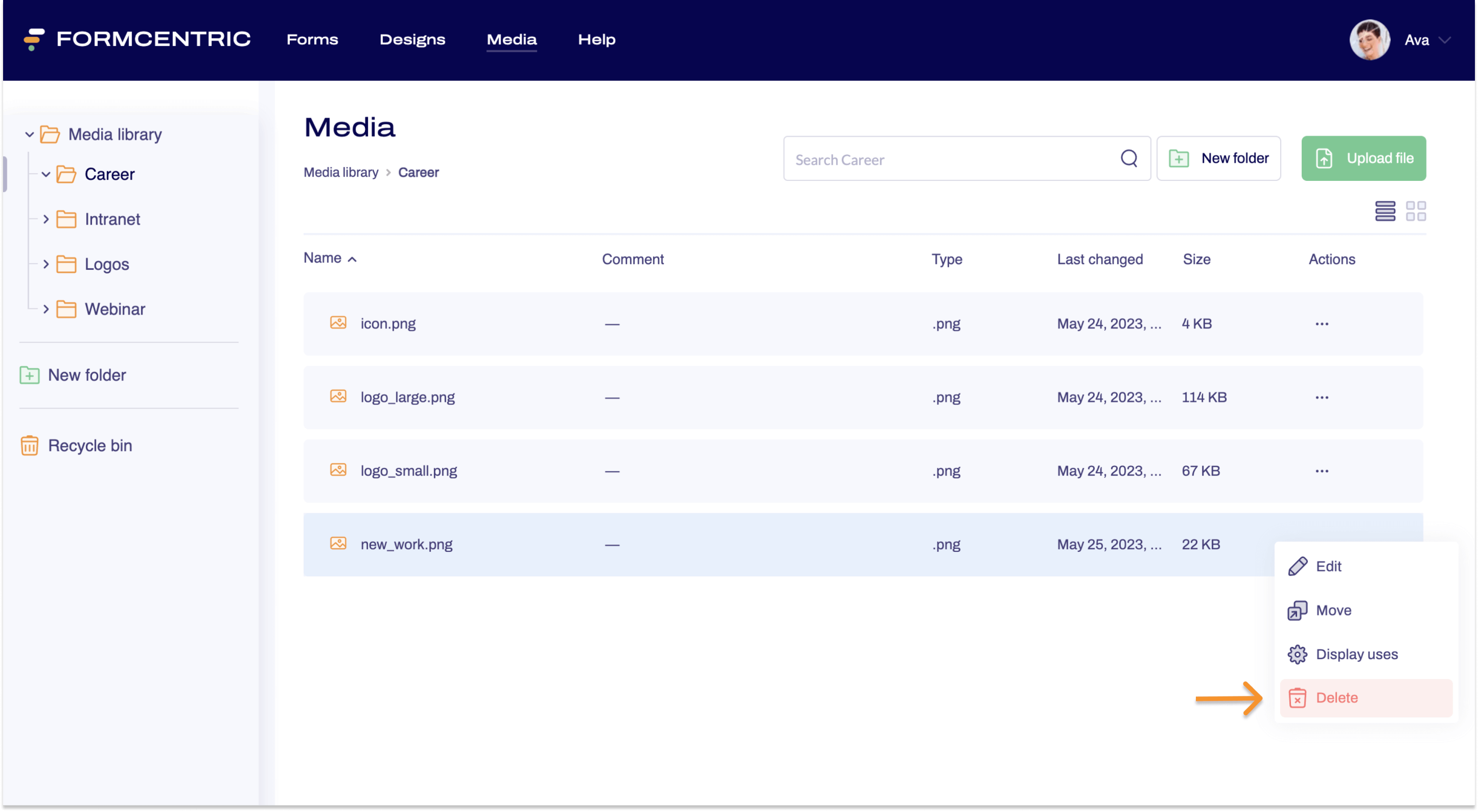 Screenshot of the Media area. The context menu of the context menu link can be seen and an arrow points to Delete.