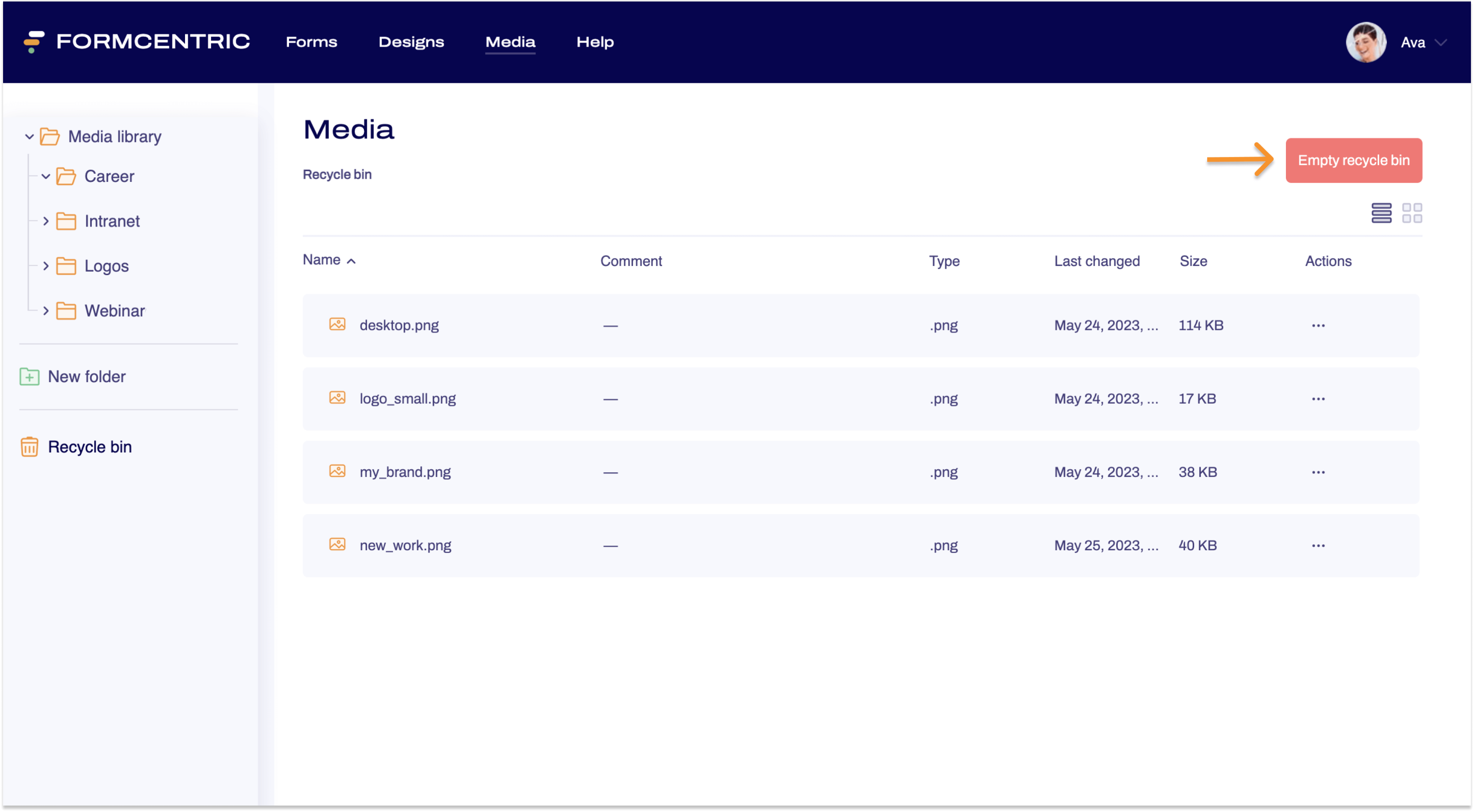 Screenshot of the Media area showing the content of the recycle bin. An arrow points to Empty recycle bin.