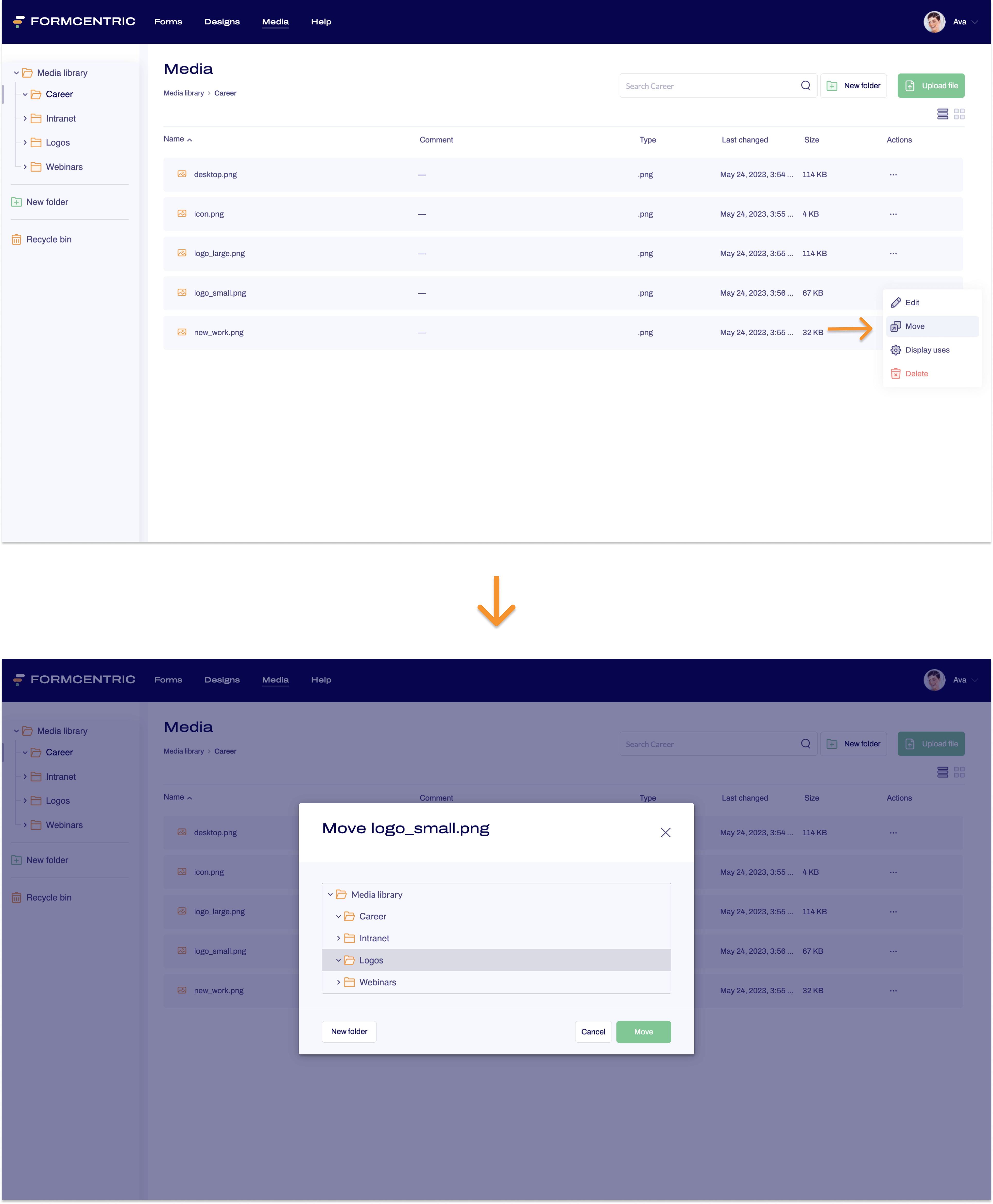 Screenshot of the Media area with an arrow pointing to Move in the open context menu.