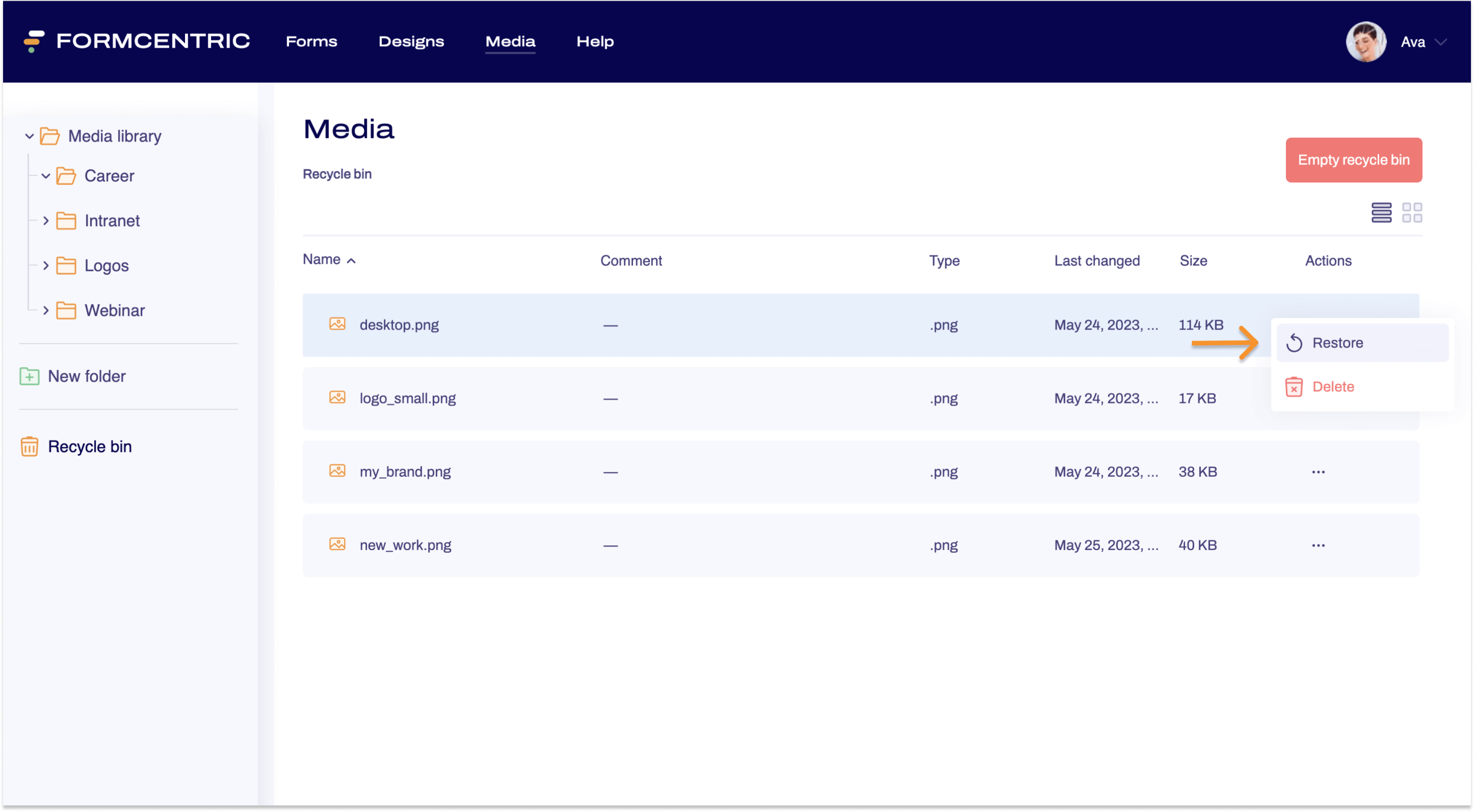 Screenshot of the Media area showing the content of the recycle bin. The context menu of the context menu link can be seen and an arrow points to Restore.