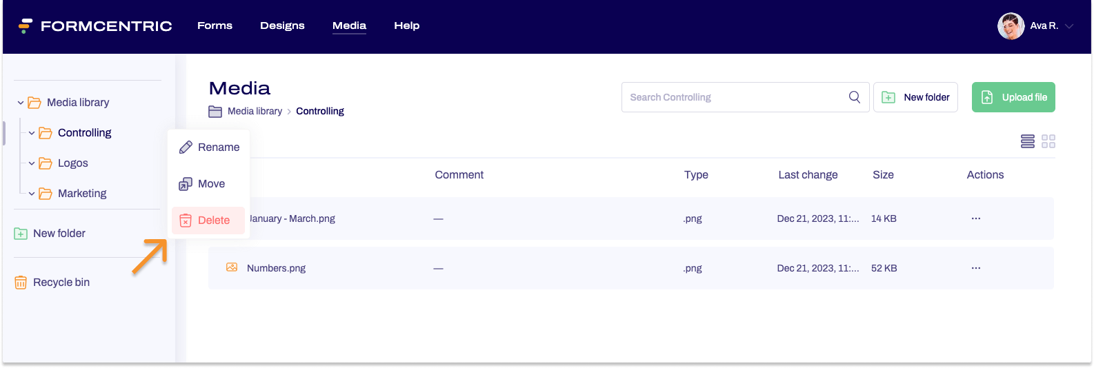The Media area is visible. A context menu is open. An arrow points to Delete.