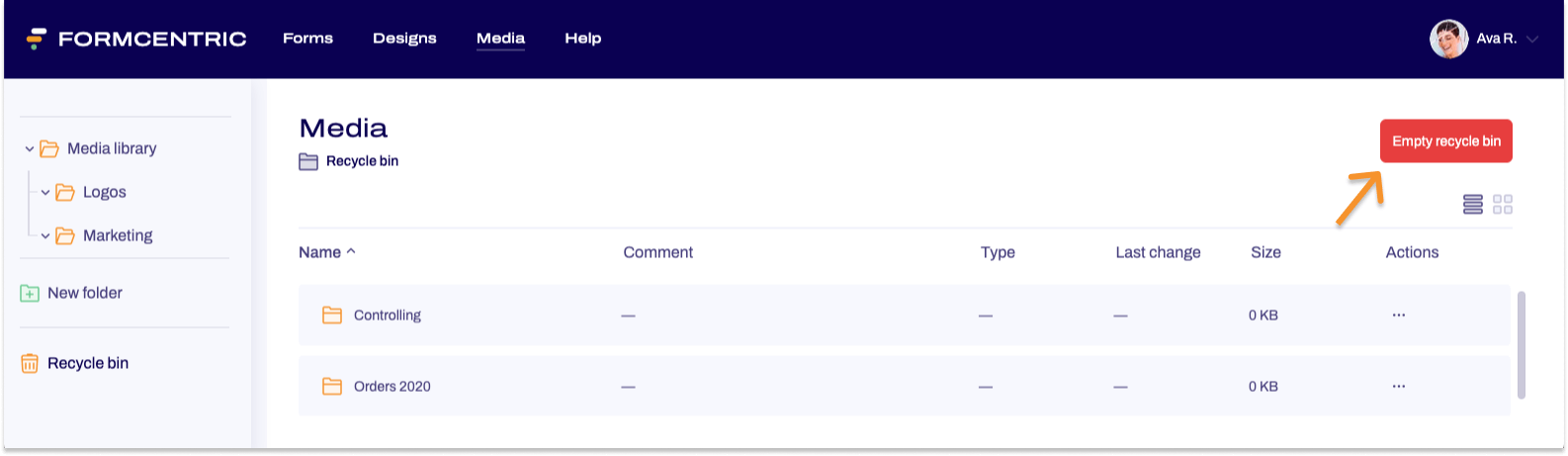 The recycle bin in the Media area is visible. An arrow points to the Empty recycle bin button.
