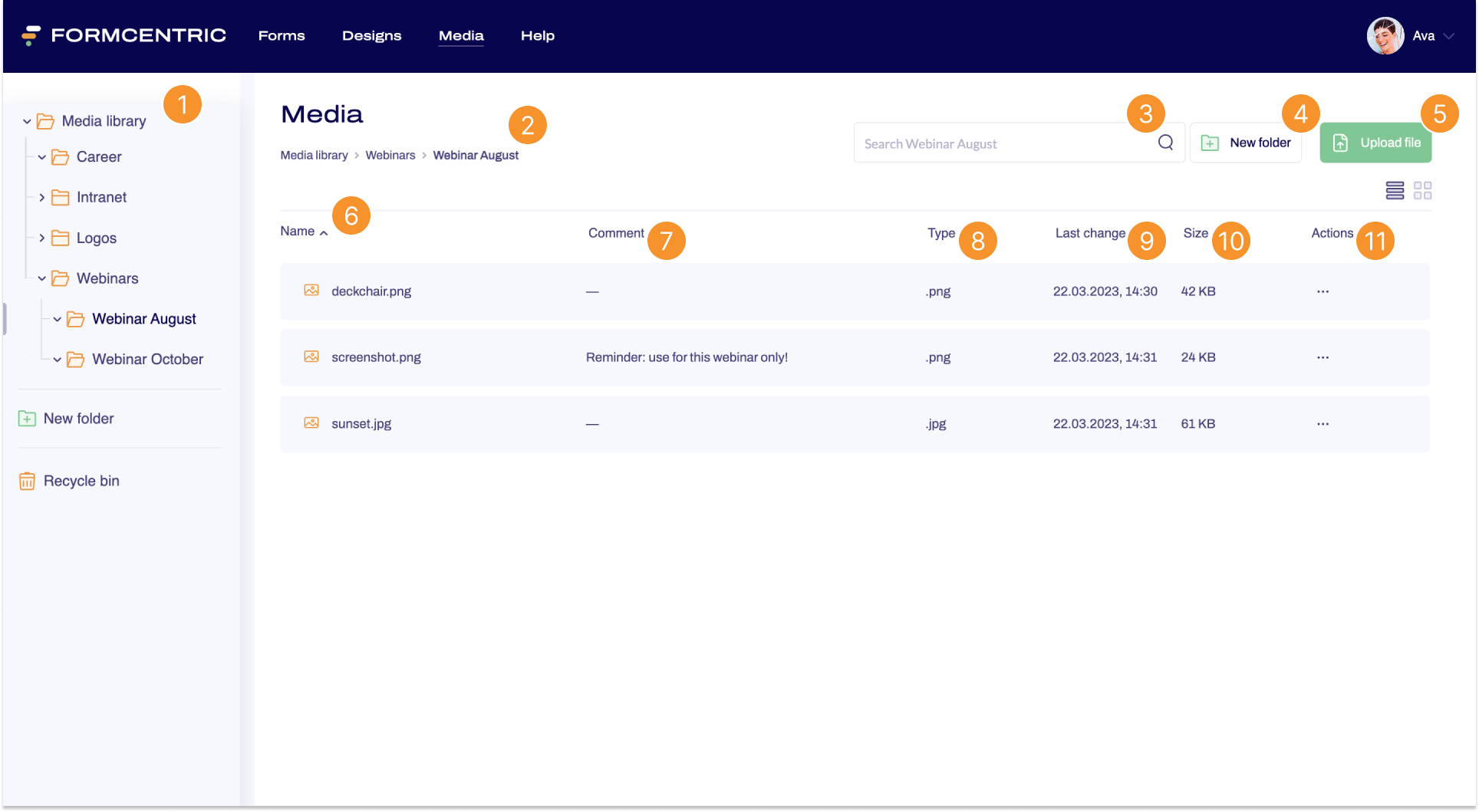 Screenshot of the Media area with folders, media and the numbers 1 to 11.