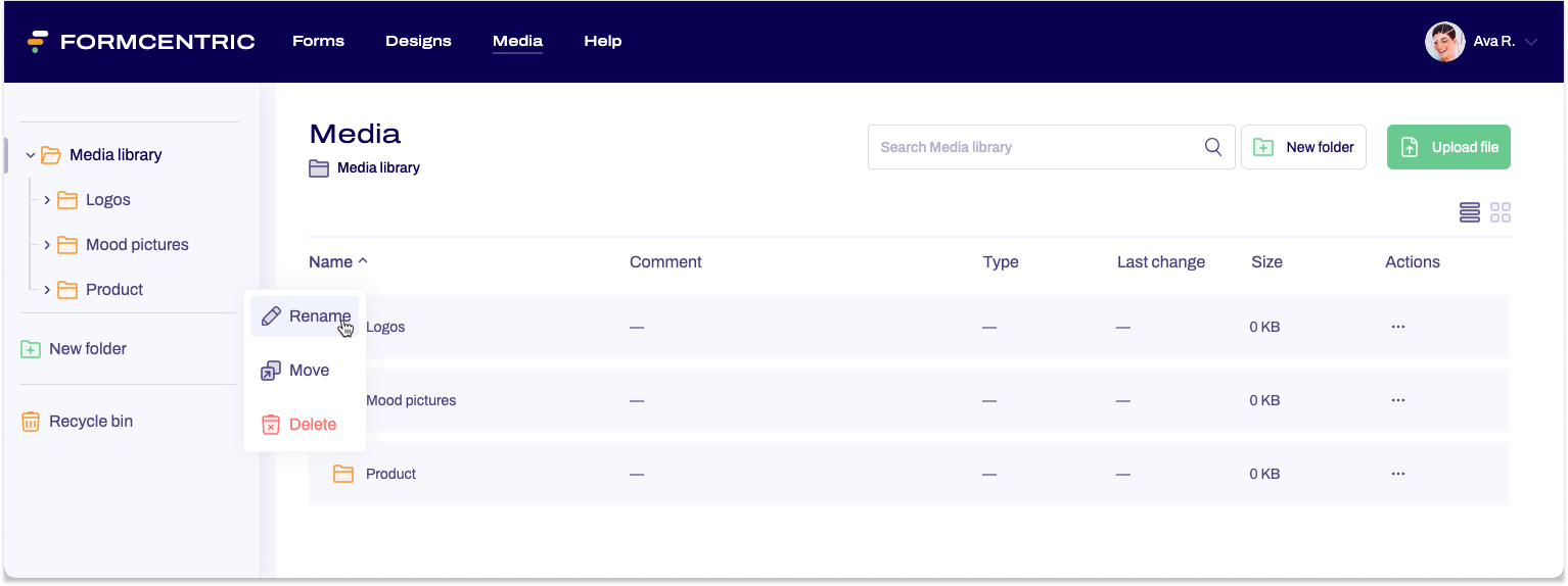 A screenshot of the Media area.