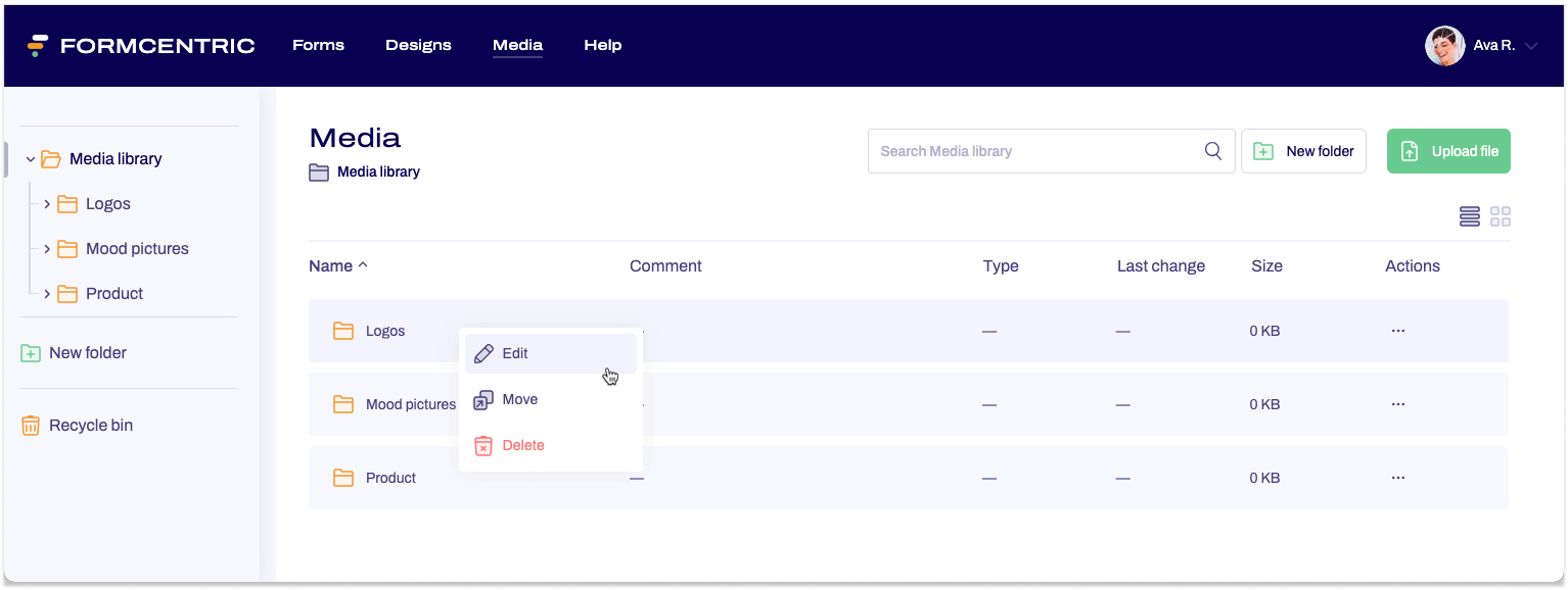 A screenshot of the area Media with an open context menu is shown. 