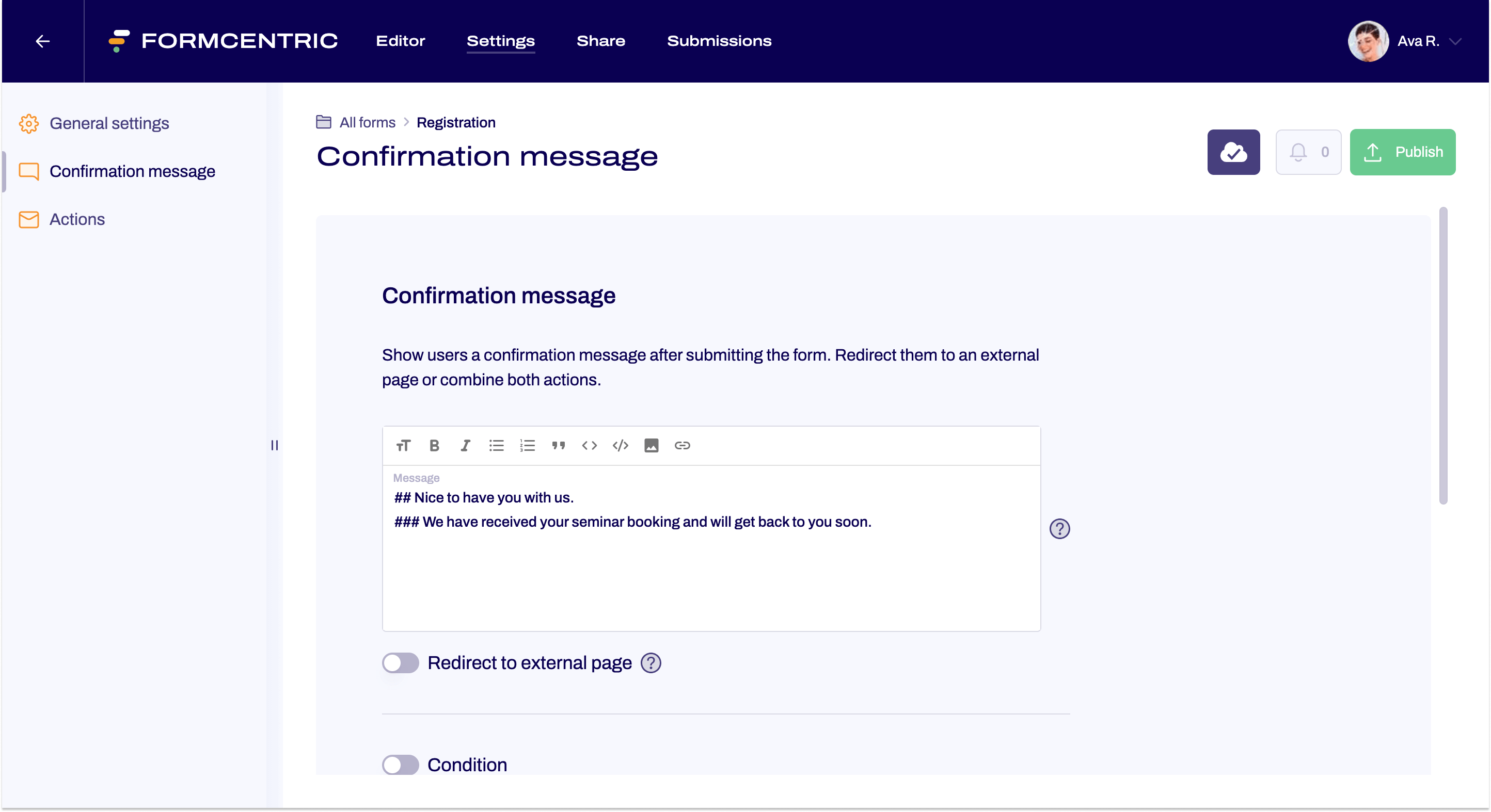 The Setting area and the confirmation message is shown.