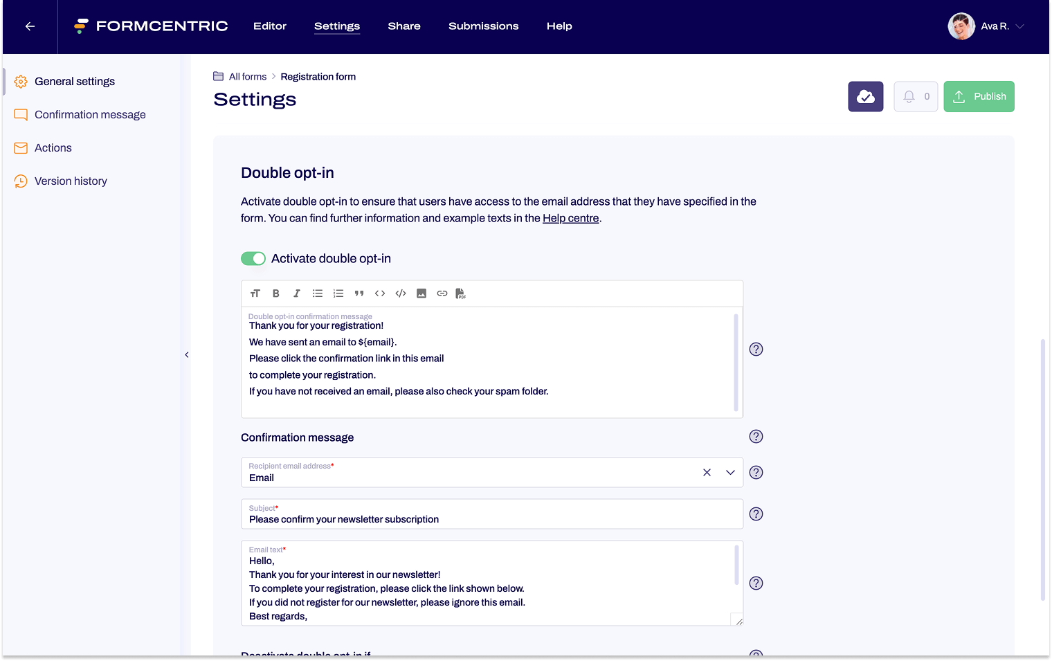 The settings area for double opt-in is shown.