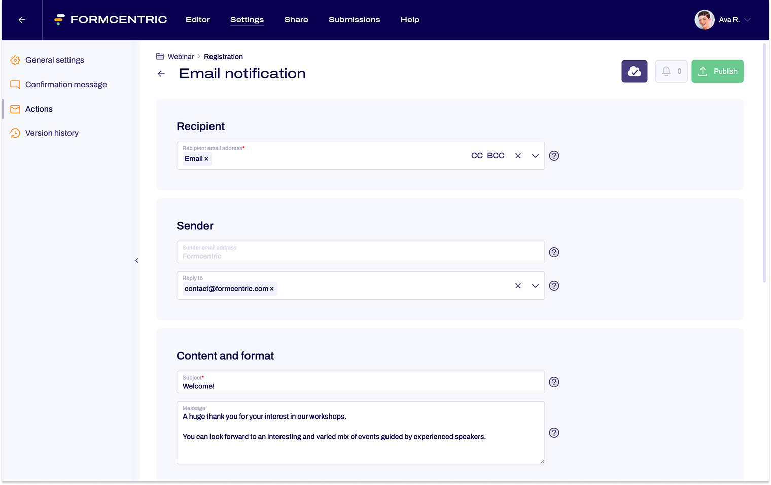 The settings area for an email notification is shown.