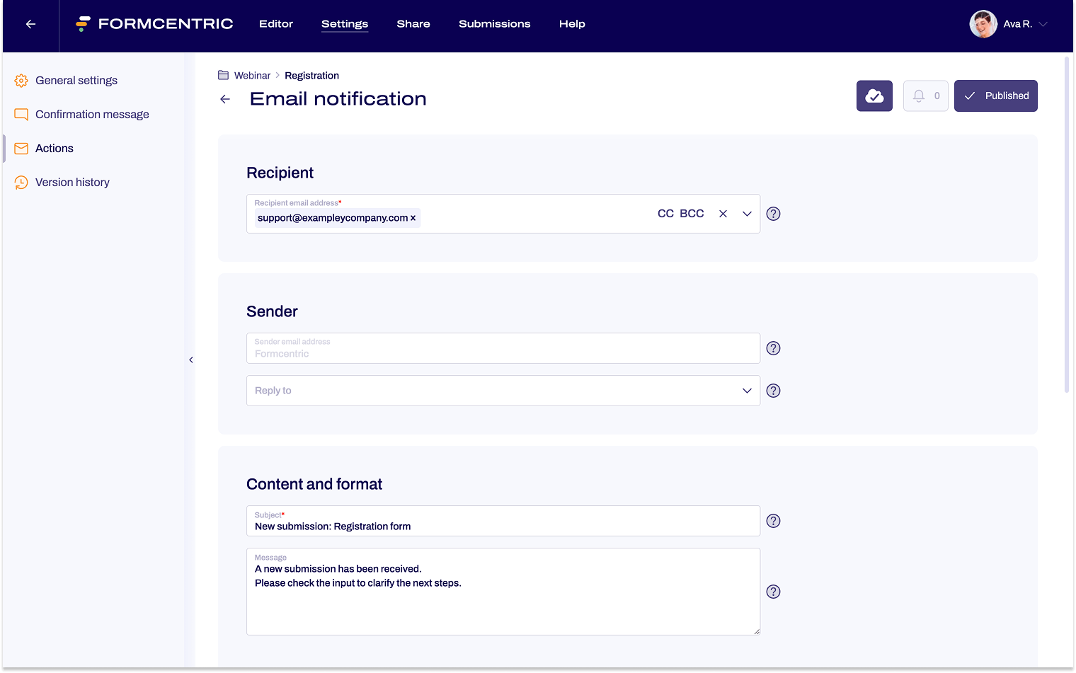 The settings area from email notification is shown.