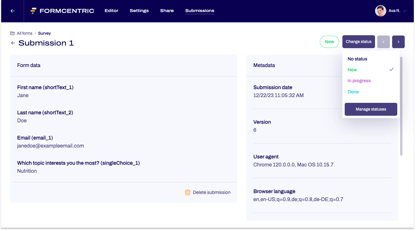 Screenshot of a data record. The Change status menu is expanded.