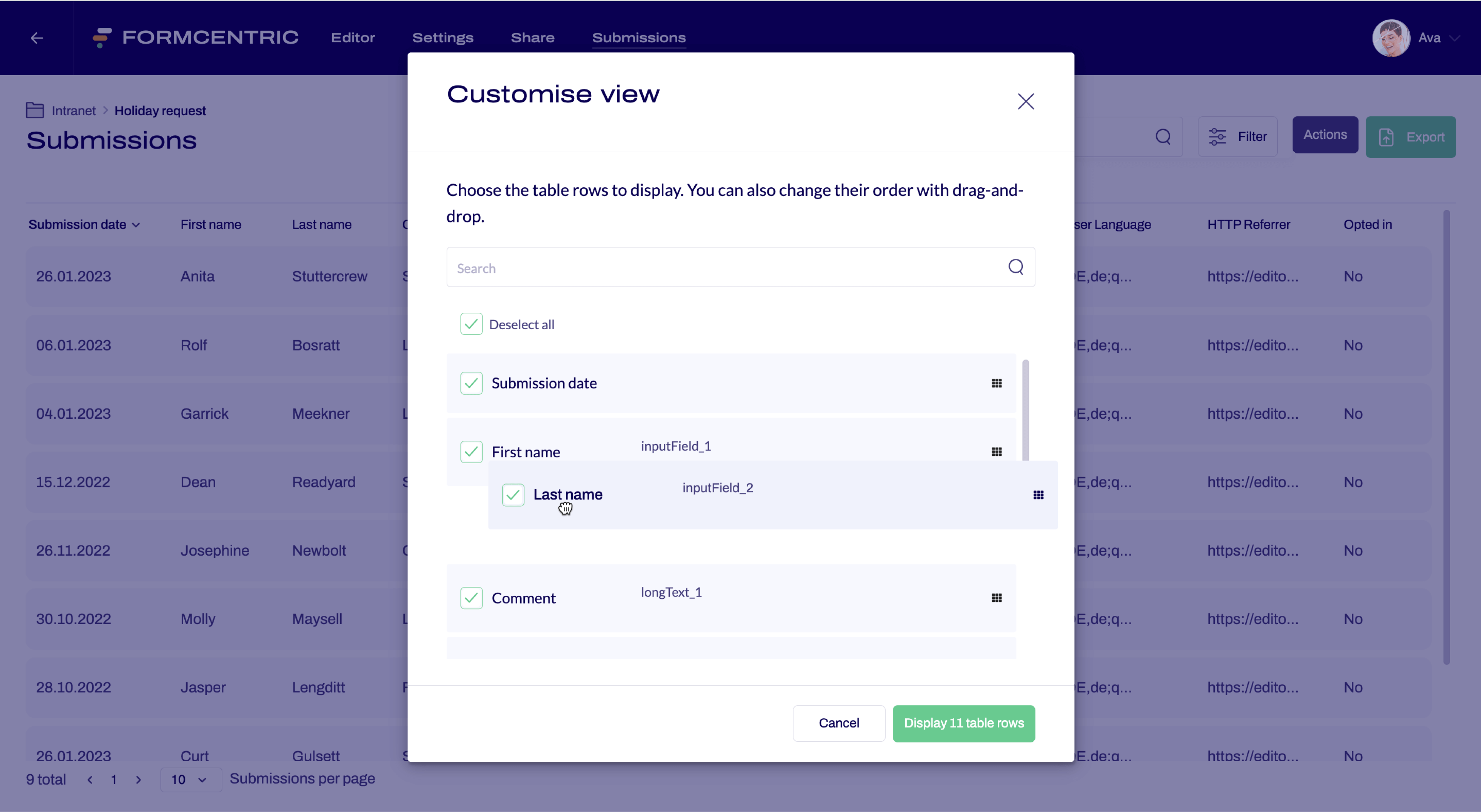Screenshot of the Customise view dialog window. An element is being moved by drag and drop.