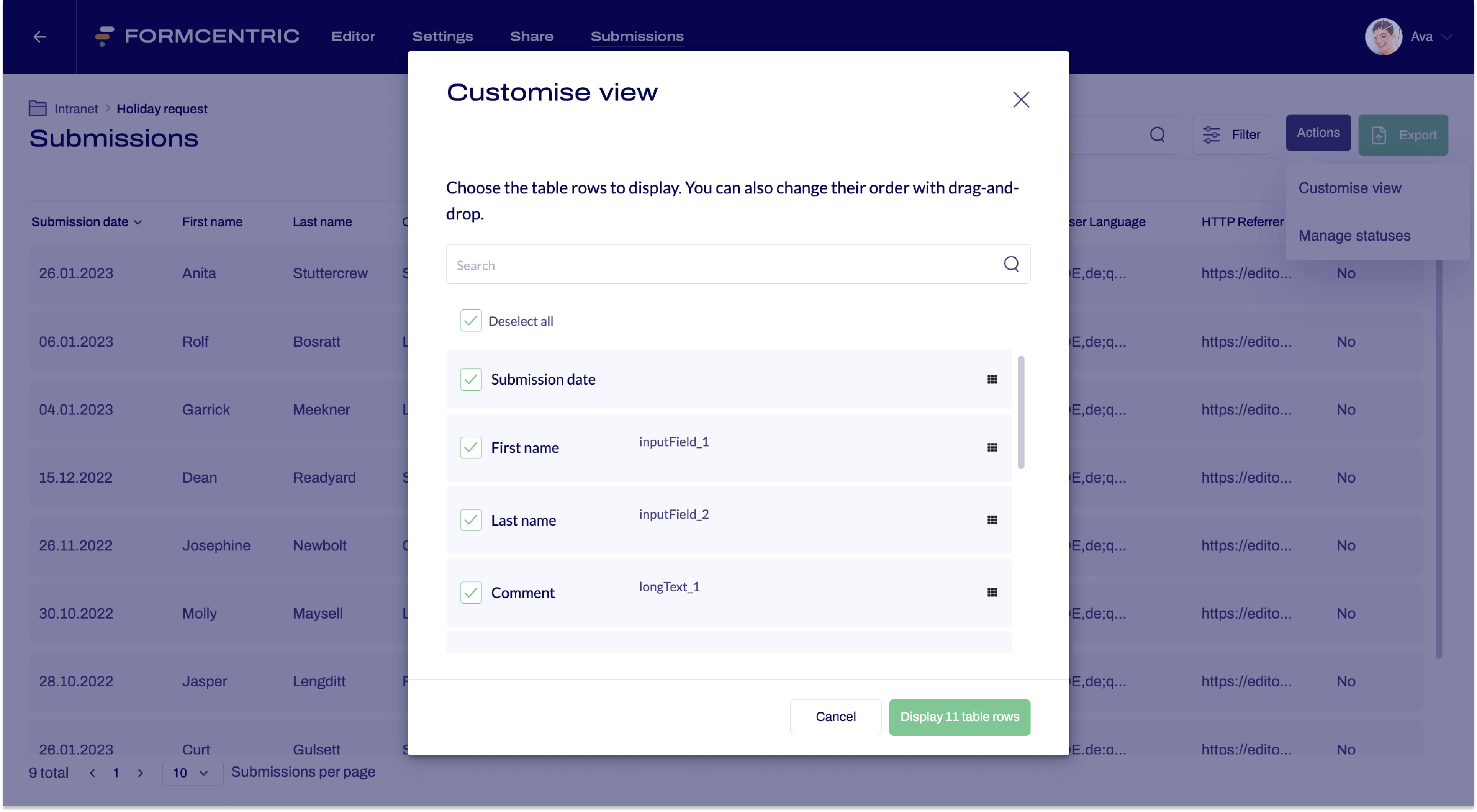 Screenshot of the Customise view dialog window.
