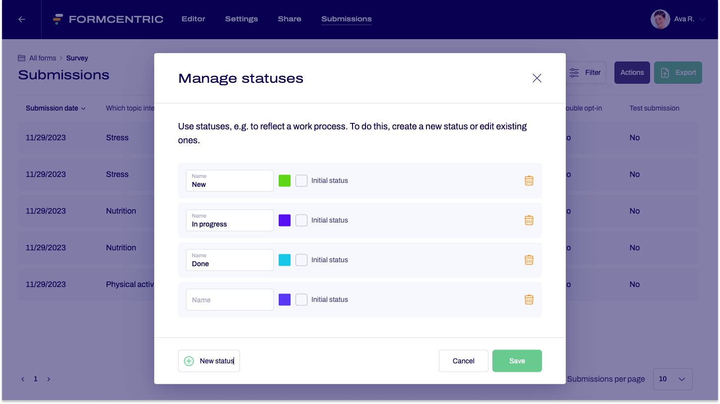 Screenshot of the Manage status dialogue window with various statuses.
