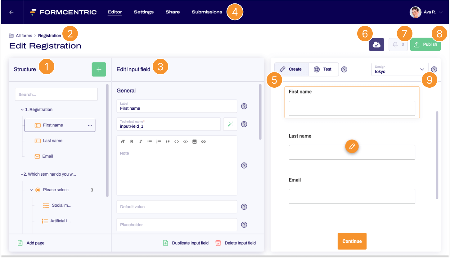 Ein Screenshot vom Editor mit Ziffern von 1 bis 9, die die verschiedenen Bereiche markieren.