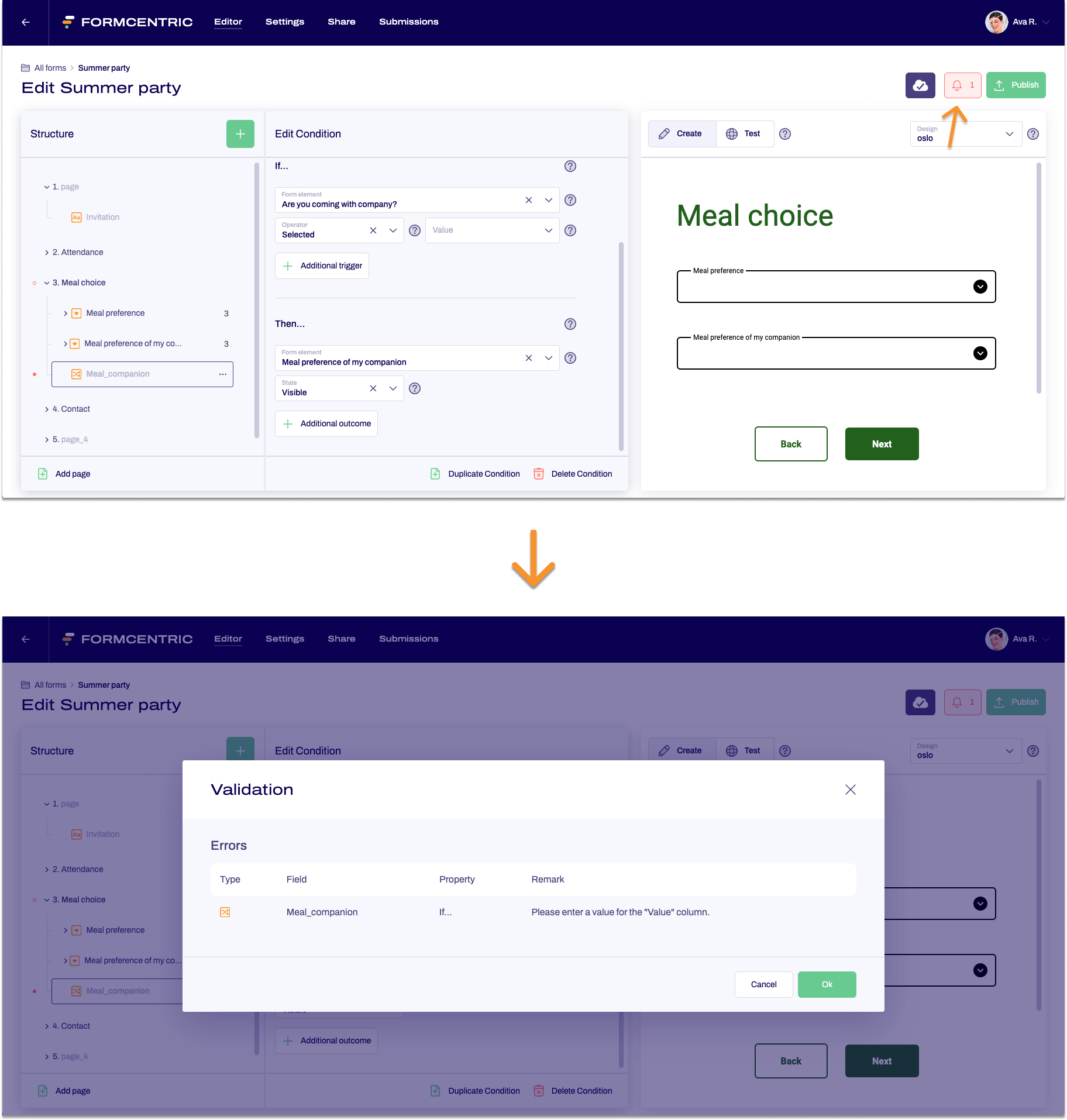 The Editor is shown with a form having errors.