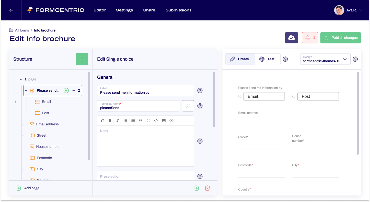 A form is shown with errors in the form tree.