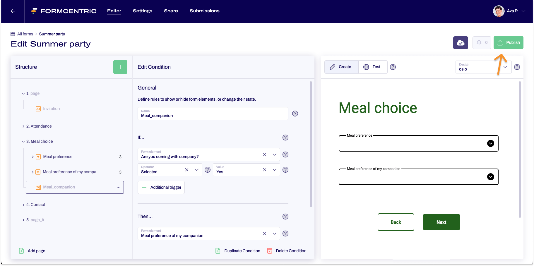 The Editor is shown. An arrow points to the button Publish.