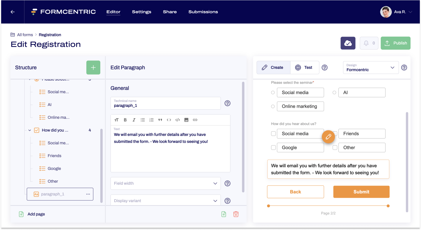 A screenshot showing the editor and a form in the view create.