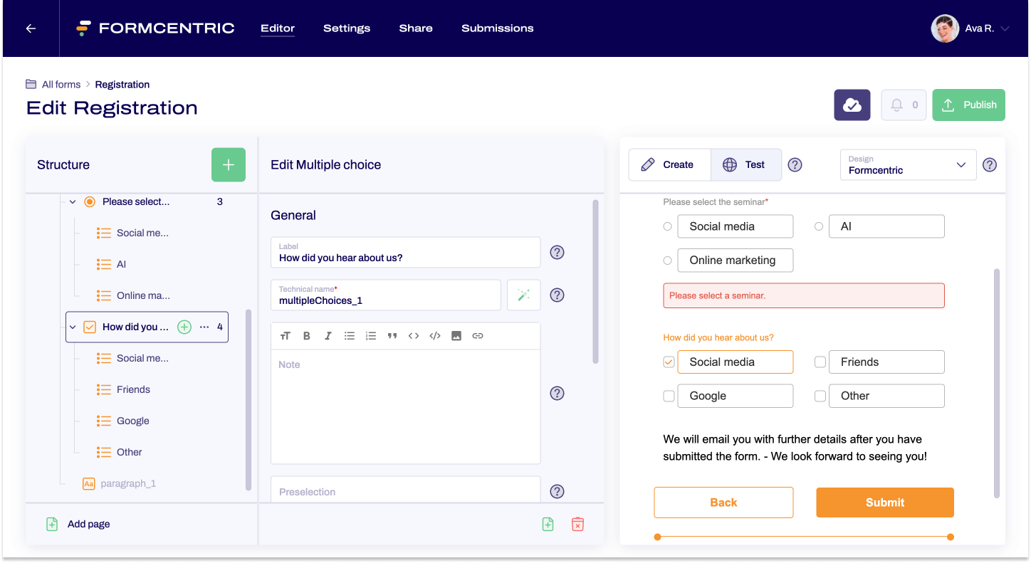 A screenshot showing the editor. View test is selected.