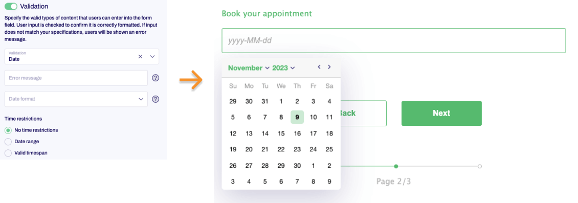 Section of the editing area. The validator date is selected.