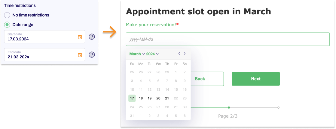 Section of the editing area. The validator date is selected and the input mask for the date range is shown.