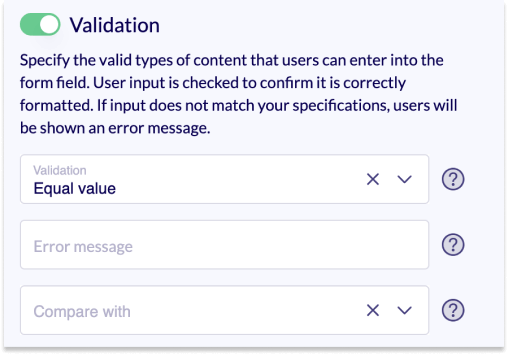 Section of the editing area. The validator Equal value is selected.