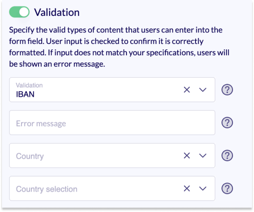 Section of the editing area. The validator IBAN is selected.