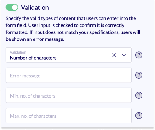 Section of the editing area. The validator Number of characters is selected. 