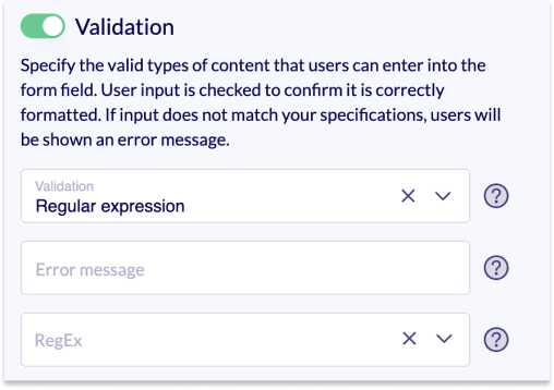 Section of the editing area. The validator Regular expression is selected.
