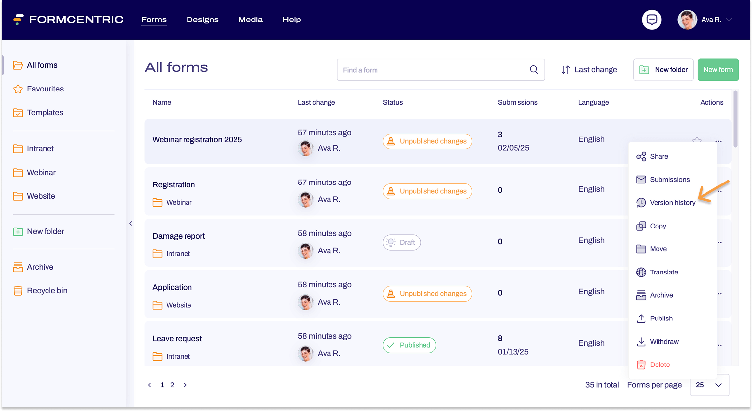 The form area displays multiple forms. The context menu of the context menu link is open, and an arrow points to Version history.